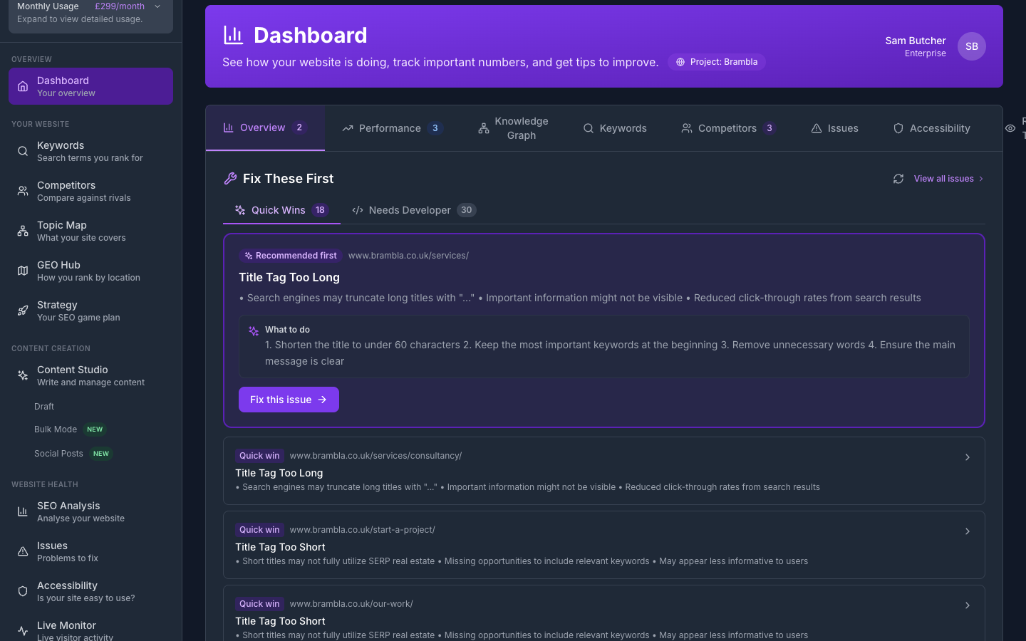 RnkRocket dashboard showing Fix These First with Quick Wins and Needs Developer tabs on the Brambla project